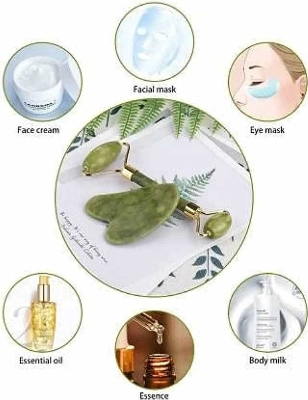 Picture of 2pcs Green natural stone jade massage spa roller, Double Head Facial Roller, Gua Sha Set, Jade Facial Roller Massager, Anti Aging Jade roller Therapy 100% Natural jade facial roller, Guasha Board SPA Scraper Stone Facial Massager Set