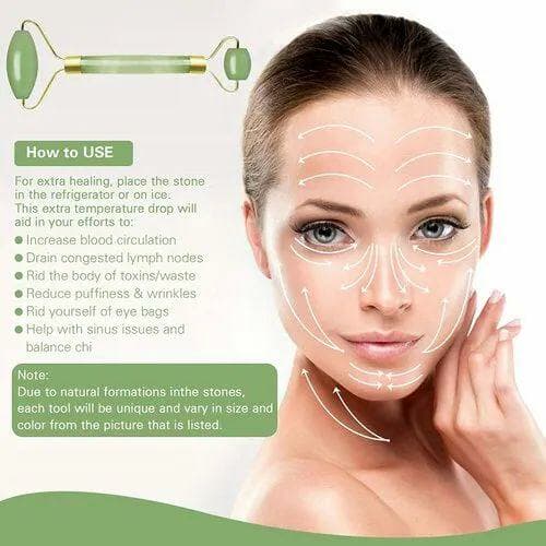 Picture of 2pcs Green natural stone jade massage spa roller, Double Head Facial Roller, Gua Sha Set, Jade Facial Roller Massager, Anti Aging Jade roller Therapy 100% Natural jade facial roller, Guasha Board SPA Scraper Stone Facial Massager Set