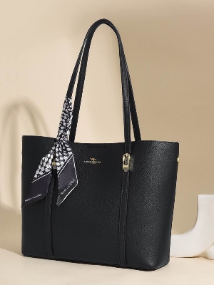 Picture of Elegant Tote Bag for Women | High-Quality PU Leather Shoulder Handbag with Scarf Accessory | Fashionable Khaki/Beige Office & Casual Carry Bag