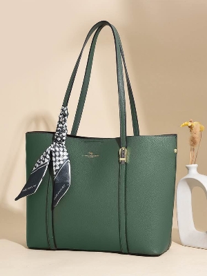 Picture of Elegant Tote Bag for Women | High-Quality PU Leather Shoulder Handbag with Scarf Accessory | Fashionable Khaki/Beige Office & Casual Carry Bag