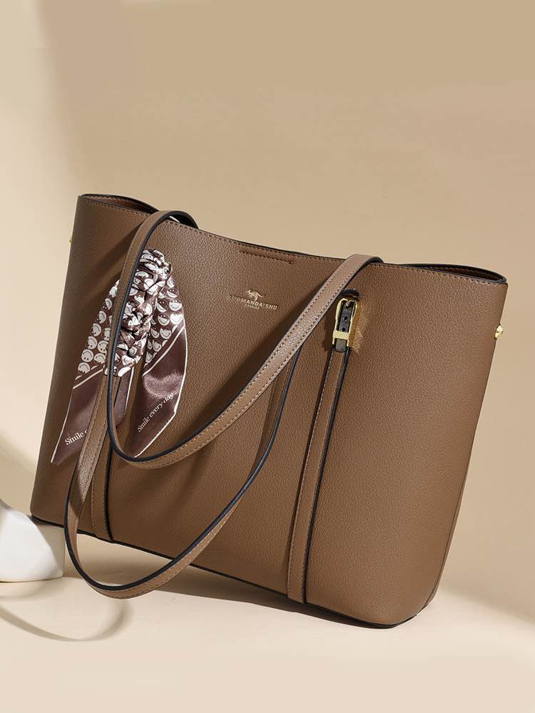 Picture of Elegant Tote Bag for Women | High-Quality PU Leather Shoulder Handbag with Scarf Accessory | Fashionable Khaki/Beige Office & Casual Carry Bag