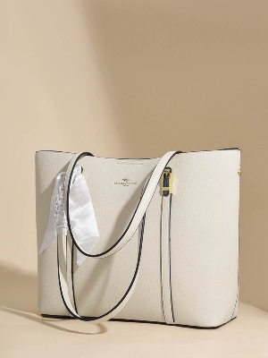 Picture of Elegant Tote Bag for Women | High-Quality PU Leather Shoulder Handbag with Scarf Accessory | Fashionable Khaki/Beige Office & Casual Carry Bag