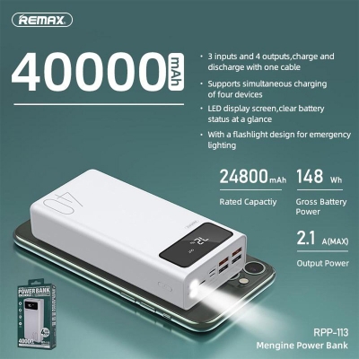 Picture of Remax RPP-113 Power Bank 40000mAh 4 USB Outputs 3 input With Torch Light