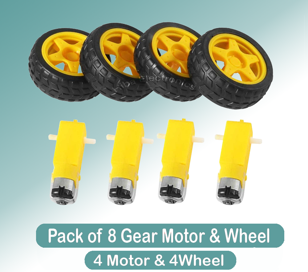 Picture of 4 Set DC Gear Motor Dual Shaft and Tire Wheel for DC 3V-6V Arduino Smart Car Robot Projects (4 Pair = 4 Yellow Motor + 4 Wheel 65mm)