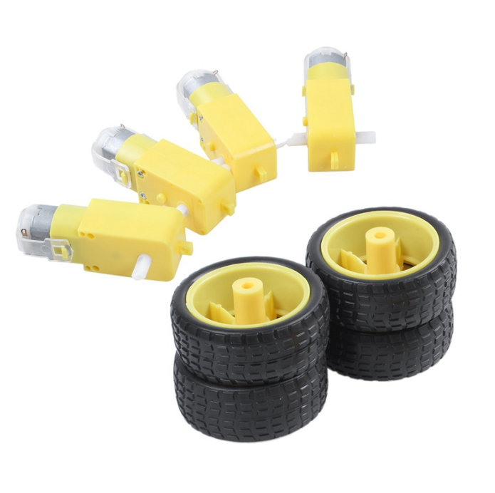 Picture of 4 Set DC Gear Motor Dual Shaft and Tire Wheel for DC 3V-6V Arduino Smart Car Robot Projects (4 Pair = 4 Yellow Motor + 4 Wheel 65mm)