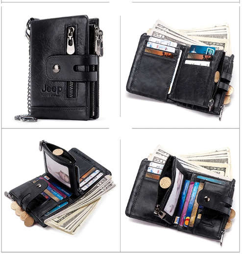 Picture of Luxury Striped Men's Leather Wallet 3 Folds Male Purse With Photo Holder Credit Card Holder For Man - Black