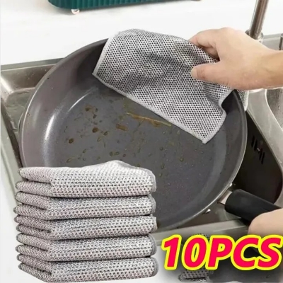 Picture of 10pcs Magic Dishcloth - Silver Wire Cleaning Kitchen Cloth with Thickened Microfiber & Built-in Sponge Steel Wire Ball - Multicolor