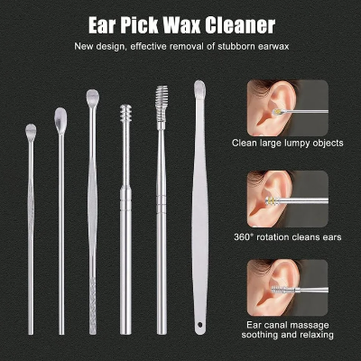 Picture of Ear Pick Set Portable Ear Cleaner Set Stainless Steel with Leather Case - 6 Pcs - Multicolor