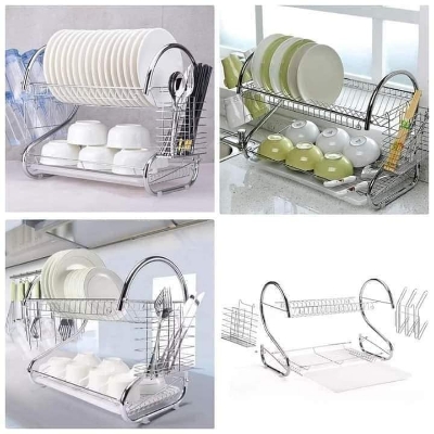 Picture of 2 Tiers S-Shaped Dish Drainer Drying Rack Home Washing Kitchen Accessories Sink Dish Drainer Drying Rack Organizer - Multicolor