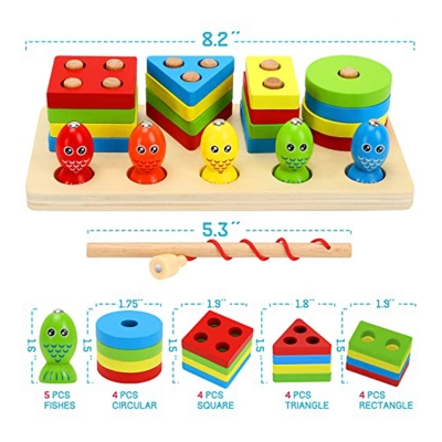 Picture of Wooden Stacking & Shape Sorting Fishing Toy | Montessori Educational Learning Puzzle for Kids | Color & Shape Recognition Wooden Play Set for Toddlers