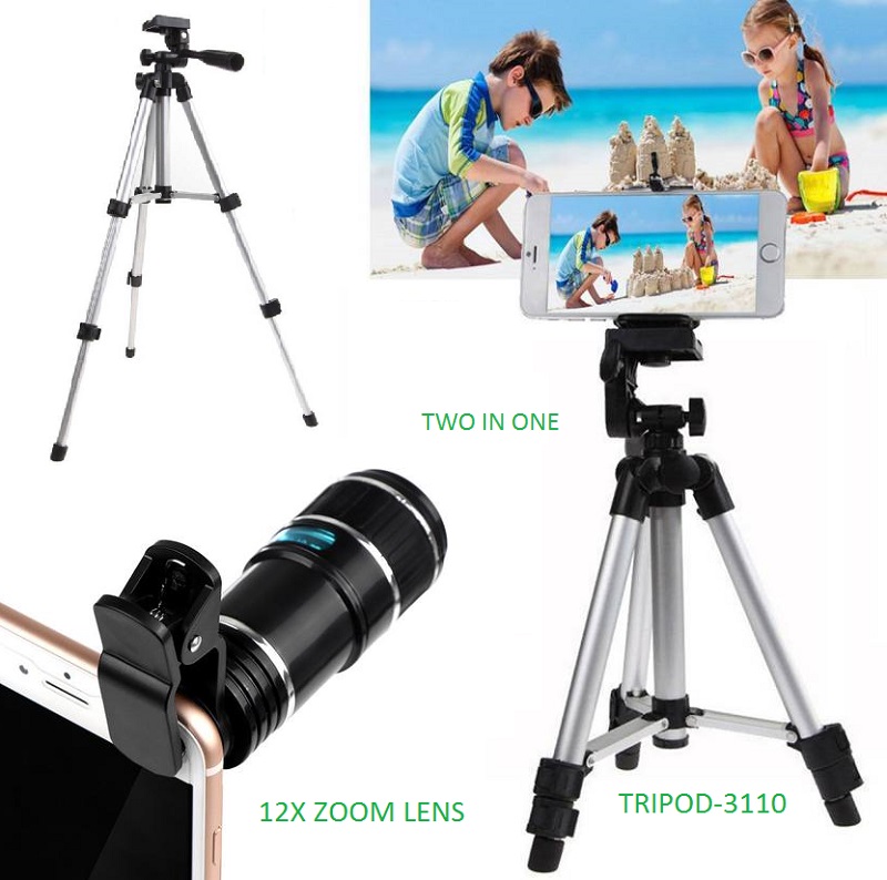 Picture of 12X Telephoto Lens Mobile Phone Optical Zoom Telescope Lens And 3110 Aluminum Alloy Tripod for Camera And Mobile - Silver And Black