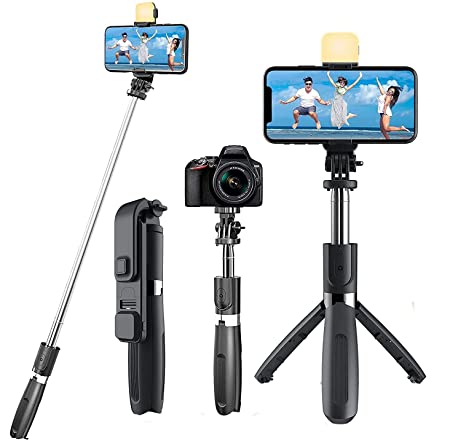 Picture of Q07 Selfie Stick Foldable Mini Tripod with Fill Light Bluetooth Remote Shutter Retractable Rod for Phone (100cm)