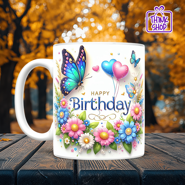 Picture of Happy Birthday Mug, Colorful Butterflies and Flowers Birthday Gift