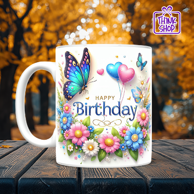 Picture of Happy Birthday Mug, Colorful Butterflies and Flowers Birthday Gift