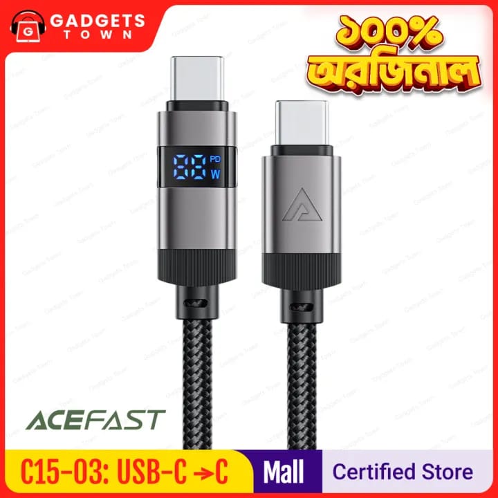 Picture of ACEFAST | C15-03 60W USB-C to USB-C Cable with LED Power Display | 1.2m Nylon-Braided, Zinc-Alloy Ends | 3A Fast Charging, USB 2.0 480Mb/s Data | For Android, iPad, MacBook & Type-C Devices.