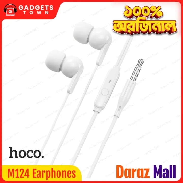 Picture of Hoco M124 Wide Wired Earphones | 10 mm Drivers | 3.5 mm AUX Jack | 1.2 m Tangle-Free Cable | In-Line Mic & Single-Button Control | Universal Compatibility