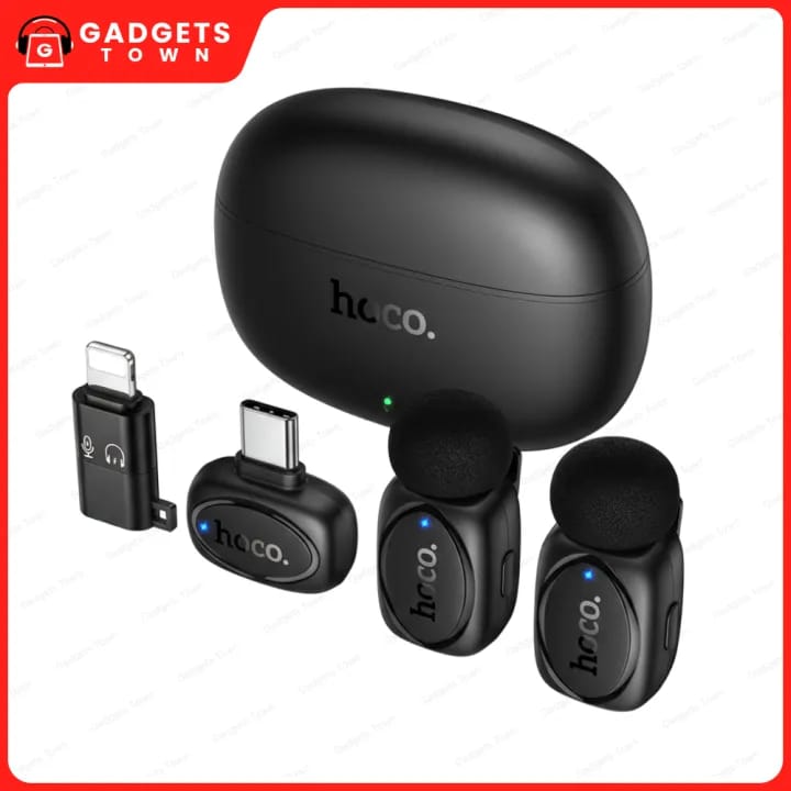Picture of HOCO | L19 “Graceful” Dual Wireless Lavalier Microphone | 2 Mics + 1 Receiver (Type-C with Lightning Adapter) | 20m Range | 300mAh Charging Case, 60mAh Mics | Plug-and-Play for Android & iPhone.