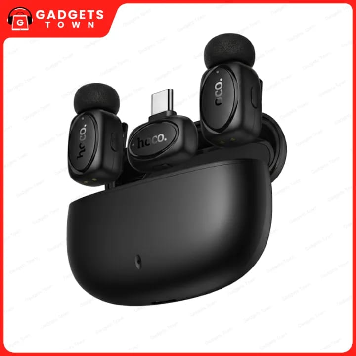 Picture of HOCO | L19 “Graceful” Dual Wireless Lavalier Microphone | 2 Mics + 1 Receiver (Type-C with Lightning Adapter) | 20m Range | 300mAh Charging Case, 60mAh Mics | Plug-and-Play for Android & iPhone.