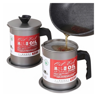 Picture of Stainless Steel 1.4L Oil Filter Pot Leakproof Can Grease Container Tank Filter Residue Filter Oil Pot with Strainer Storage