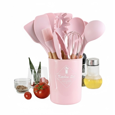 Picture of 12Pcs Silicone Cooking Utensils Set | Non-Stick Spatula Set | Silicon Wooden Handle Cooking Tools Set | Silicon Spoon Kitchen Utensil Set