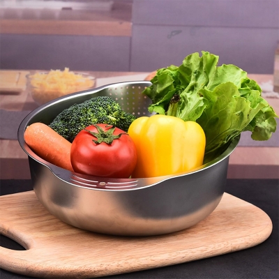 Picture of Stainless Steel Colander Rice Bowl Drain Basket Fruit Bowl Washing Drain Basket Washing Basket Home Kitchen Organizer