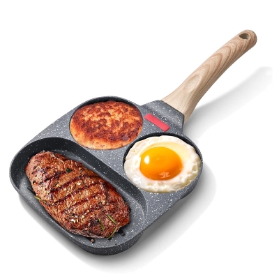 Picture of Egg Frying Pan | Round Cup 3 Section Stick Proof Breakfast Cooking Pan