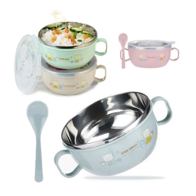 Picture of Baby Feeding Bowl with Lids | Stainless Steel Insulated Bowl Spoon Set | Children Tableware Cartoon Printed Food Bowl