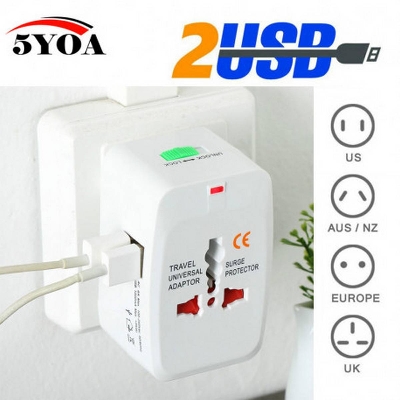 Picture of Universal International Plug Adapter 2 USB Port World Travel AC Power Charger Adaptor with AU US UK EU converter Plug - White