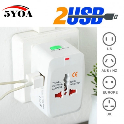 Picture of Universal International Plug Adapter 2 USB Port World Travel AC Power Charger Adaptor with AU US UK EU converter Plug - White