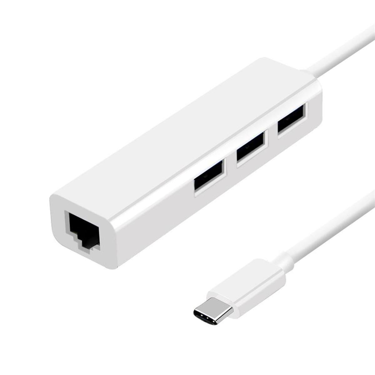 Picture of type C to 3-Port USB 2.0 Hub + RJ45 Adapter - White