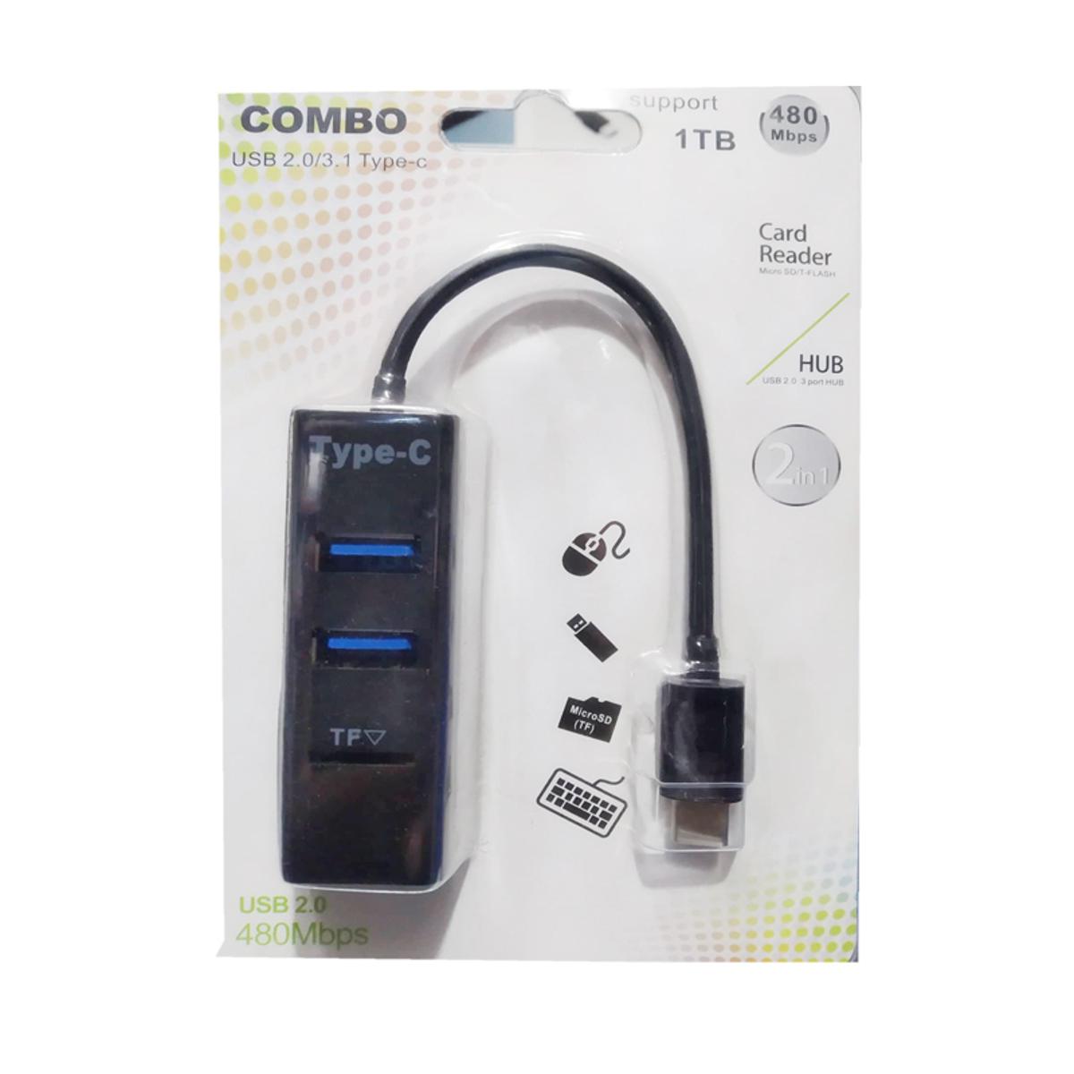Picture of Type-C OTG USB 2.0 Hub 3 port Splitter Combo, TF Card Reader - Black