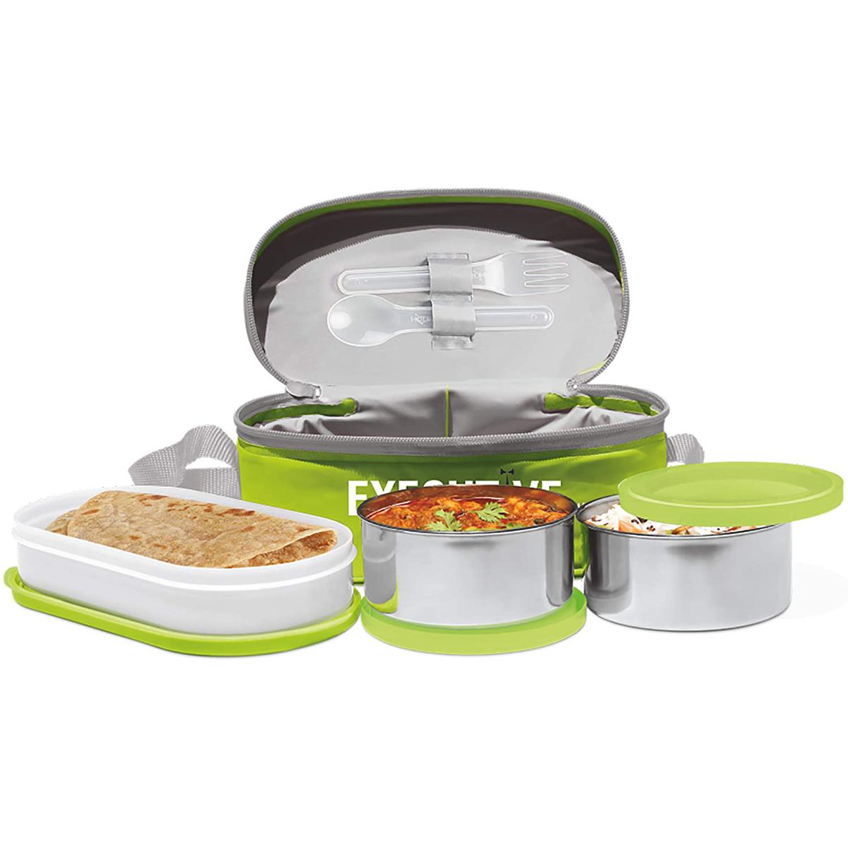 Picture of Milton Executive Lunch Box Soft Insulated Tiffin Box (2 SS Container,1 Microwave Safe Container) - Green