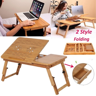 Picture of Bamboo Wooden Laptop Table Wooden Laptop Table for Multipurpose Use  Adjustable Shelf Space Table Stand 2 Cooling Fan - Multicolor