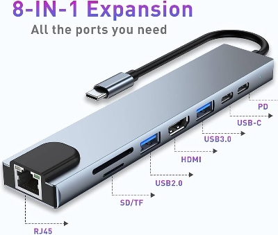 Picture of USB C Hub Docking Station 8 In 1 Type C Hub USB C Dongle With HDMI 4K - Enhance Your Connectivity With This Versatile 8-In-1 USB C Hub - Grey