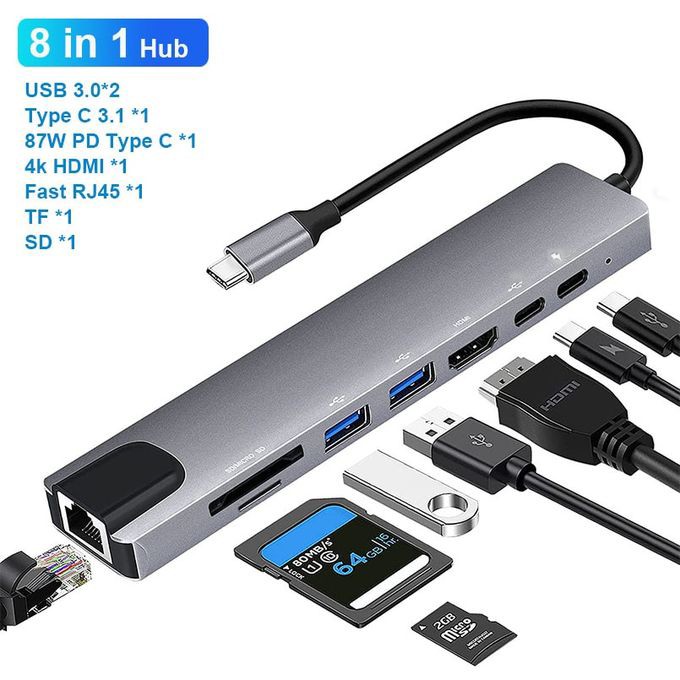Picture of USB C Hub Docking Station 8 In 1 Type C Hub USB C Dongle With HDMI 4K - Enhance Your Connectivity With This Versatile 8-In-1 USB C Hub - Grey