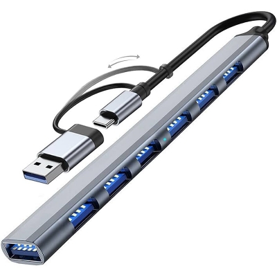 Picture of USB Hub 3.0 with 7 Ports, Aluminium USB C to USB 3.0 Hub for MacBook, Mac Pro/Mini, iMac, Ps4, PS5, Surface Pro,Flash Drive, - Black