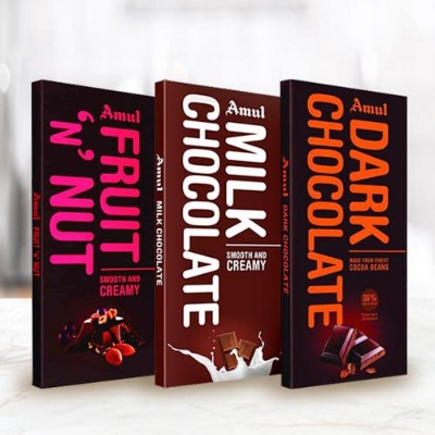 Picture of Amul Dark Chocolate 150Gm Amul Fruit & Nut 150 GmAmul Smooth and Creamy Milk Chocolate 150GM