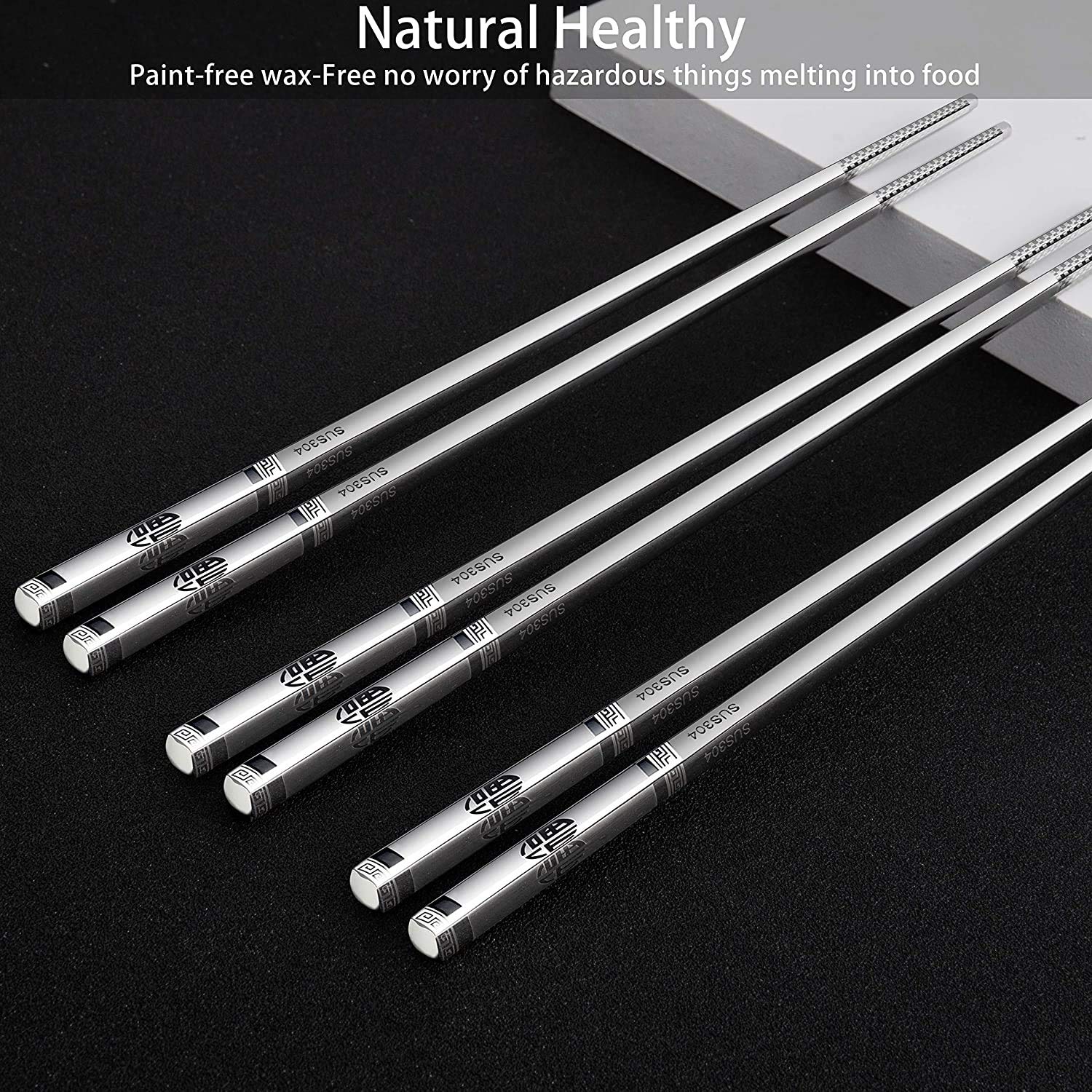 Picture of Chopsticks Reusable Metal Chopsticks 304 Stainless Steel Chopsticks Set Square Non-slip Dishwasher Safe Premium Quality Lightweight Reusable Chop Sticks Japanese Korean Laser Engraved 5 Pairs Gift Set