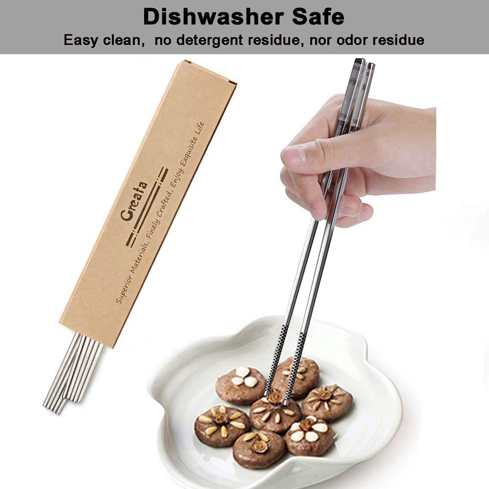 Picture of Chopsticks Reusable Metal Chopsticks 304 Stainless Steel Chopsticks Set Square Non-slip Dishwasher Safe Premium Quality Lightweight Reusable Chop Sticks Japanese Korean Laser Engraved 5 Pairs Gift Set