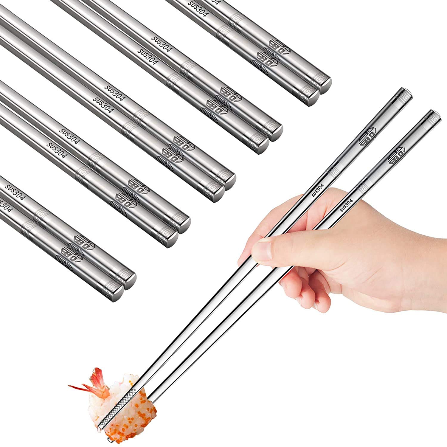 Picture of Chopsticks Reusable Metal Chopsticks 304 Stainless Steel Chopsticks Set Square Non-slip Dishwasher Safe Premium Quality Lightweight Reusable Chop Sticks Japanese Korean Laser Engraved 5 Pairs Gift Set