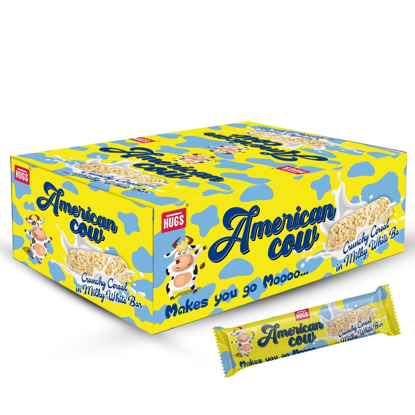 Picture of Hugs American Cow White Chocolate Cereal Bar | Oat Chocolate Milky White Bars Box (30 pcs)