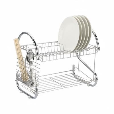 Picture of 2 Layer Plate Stand ,Kitchen Chrome Cup Dish Drying Rack Tray Cultery Dish Drainer