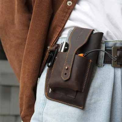 Picture of New Fashionable Retro Leather Men's Waist Bag Fashion Outdoor Leisure Multifunctional Male's Bags Wear Belt Mobile Phone Box For Man