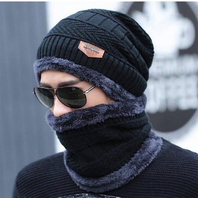 Picture of Winter Beanies balaclava Knit Neck Warmer Hats Men Women Beanies Fleece Wool Liner Thick Hat Scarf Set