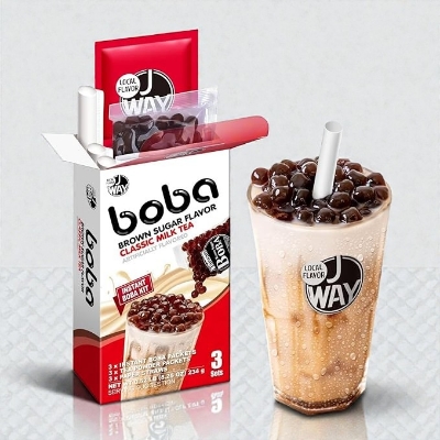 Picture of J WAY Instant Boba Bubble Pearl Classic Milk Tea, Brown Sugar Flavor, Paper Straws Included - 3 Servings