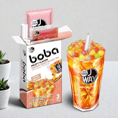 Picture of J WAY Instant Boba Bubble Pearl Mango Peach Black Tea, Fruity Flavor, Paper Straws Included - 3 Servings