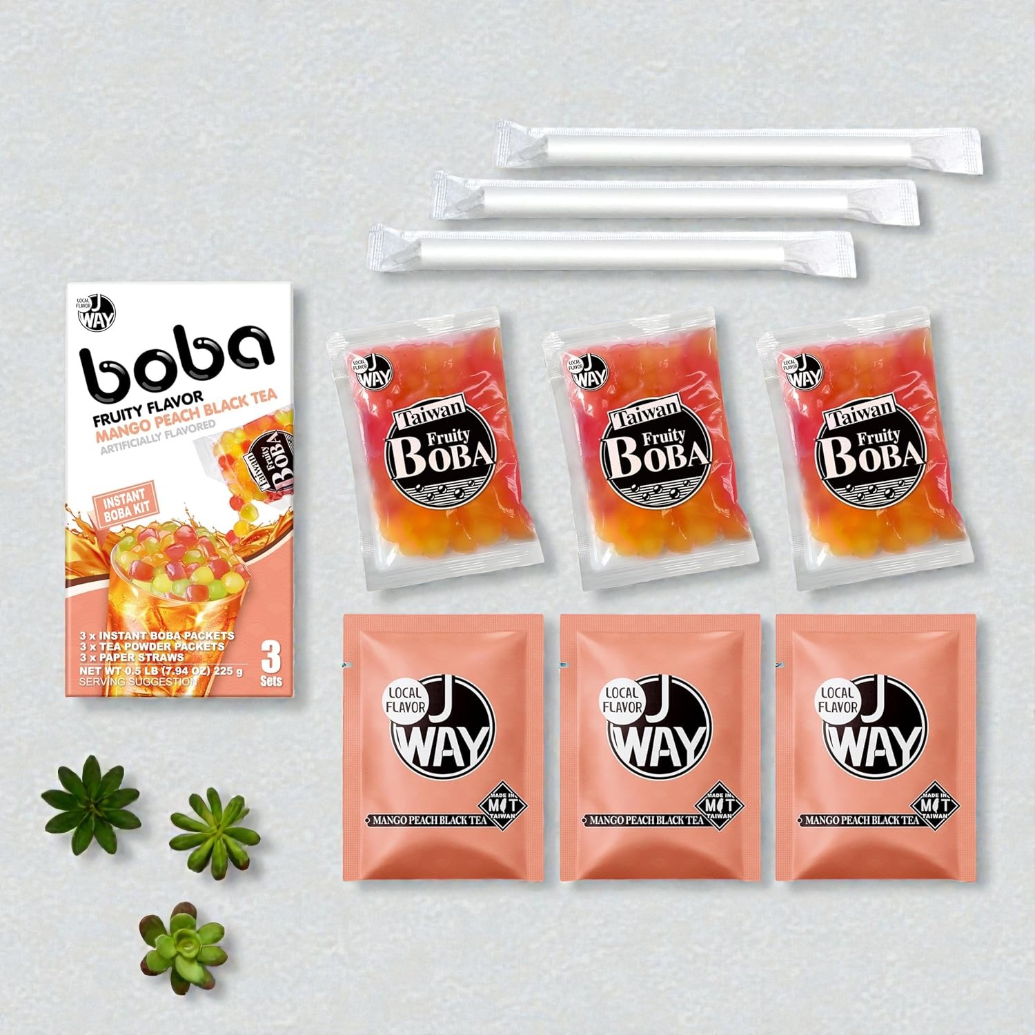 Picture of J WAY Instant Boba Bubble Pearl Mango Peach Black Tea, Fruity Flavor, Paper Straws Included - 3 Servings