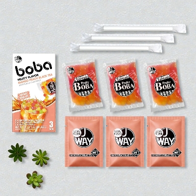 Picture of J WAY Instant Boba Bubble Pearl Mango Peach Black Tea, Fruity Flavor, Paper Straws Included - 3 Servings