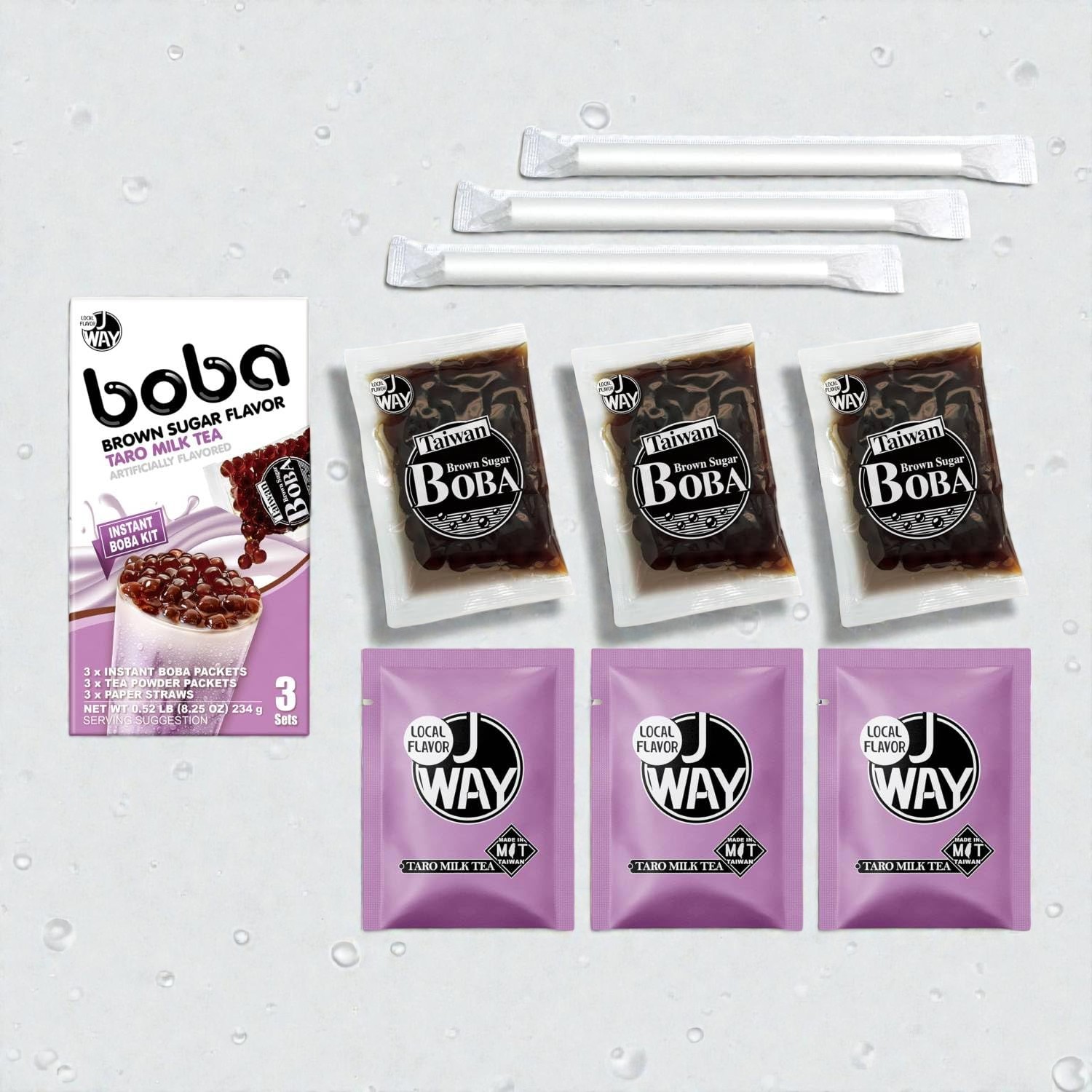 Picture of J WAY Instant Boba Bubble Pearl Taro Milk Tea, Brown Sugar Flavor, Paper Straws Included - 3 Servings