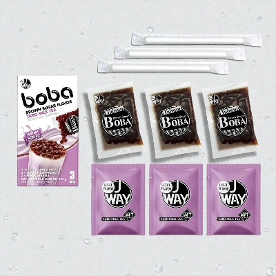 Picture of J WAY Instant Boba Bubble Pearl Taro Milk Tea, Brown Sugar Flavor, Paper Straws Included - 3 Servings